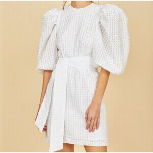 Hunter Bell Anthropologie  Puff Sleeve Belted Mini Dress White 6  Boho Peasant
